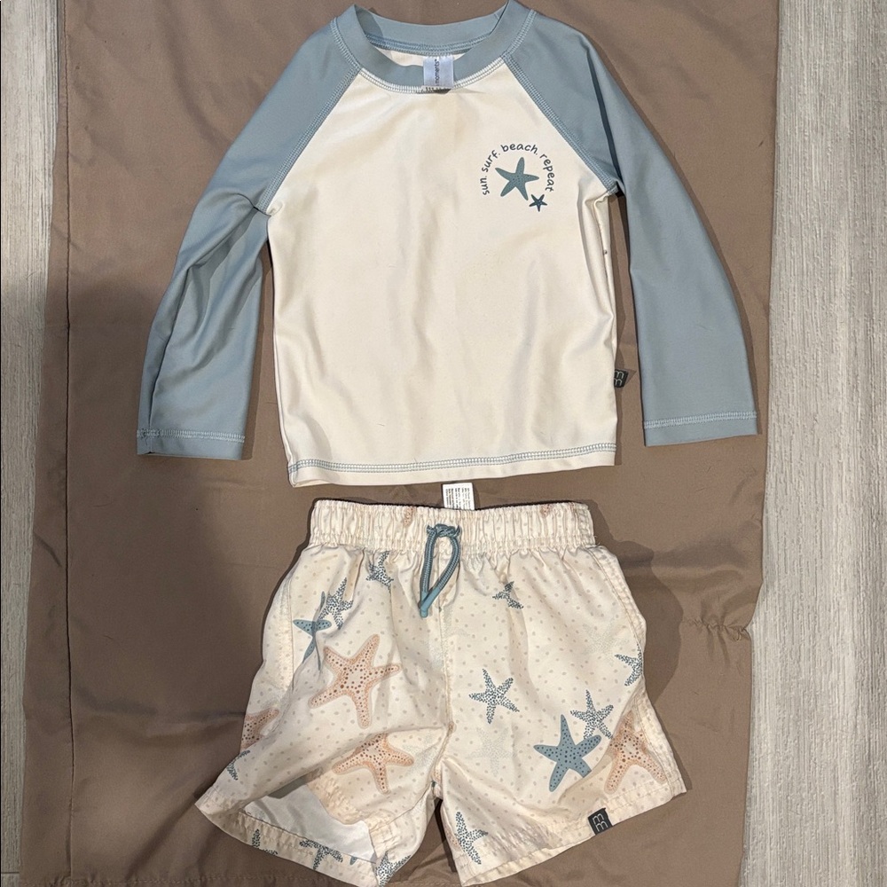 Kids Starfish Print Swim Trunks and Rash Guard Set